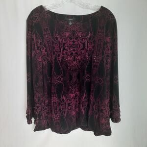 Alfani Black & Purple Wrap Boho Peasant Blouse with, Fringe 3/4 Sleeve
